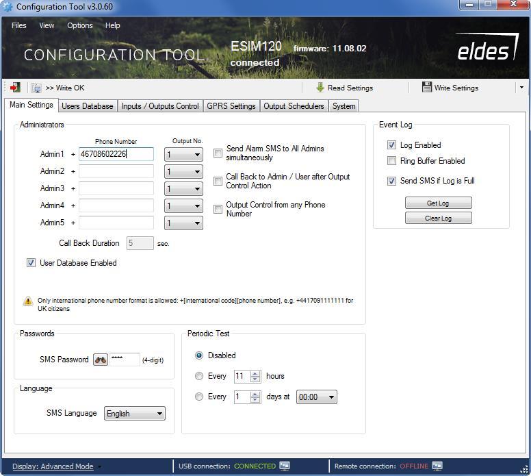 GSM Axcess Configuration Tool. Koppla in enheten med bifogad USB-kabel och starta programmet Eldes ConfigTool. När programmet startat, klicka på Connect och skriv in lösen (def. 0000). OBS!