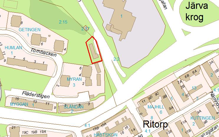 2 (6) Planområde Planområdet avgränsat i rött Det finns en befintlig lokalnätstation på platsen. Området ligger väster om Galoppvägen och utgörs av del av Järva 2:15.