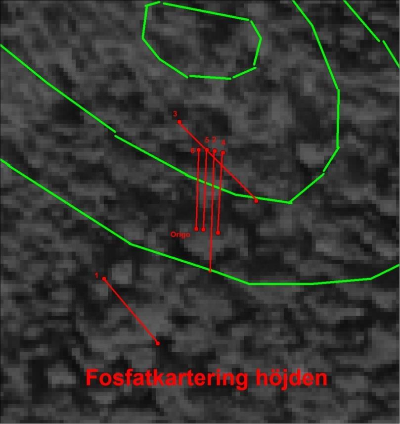 83 forskningslaboratoriet även en fosfatkartering av denna yta. Karteringen fokuserades främst till den större terrassen där ett antal söksträngar lades ut.