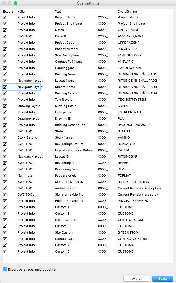 Det är möjligt att avbocka de parametrar som inte skall exporteras till XML. Översättningspaletten visar var informationen finns och vad parametern heter på den platsen.