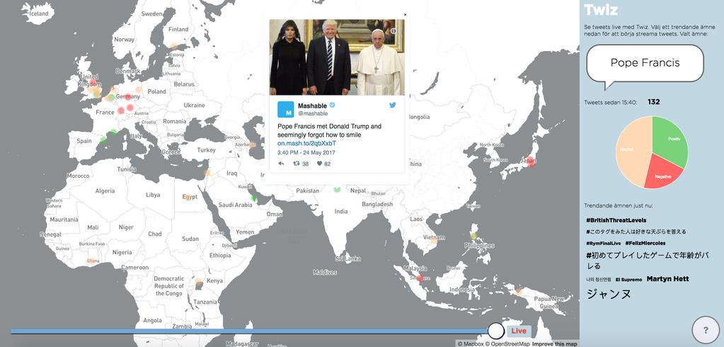KAPITEL 5. RESULTAT 23 Figur 5.4: Visar ett tweet på kartan.