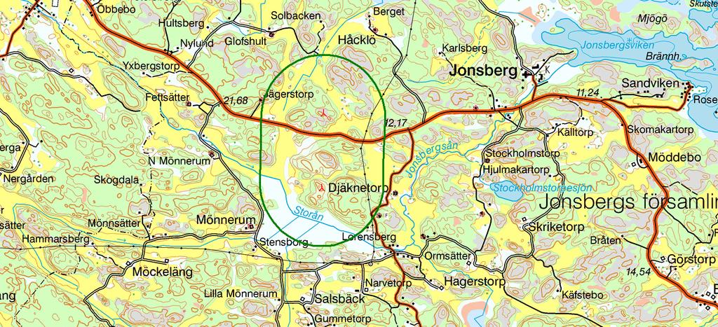 Kring närliggande bostadshus har en cirkel på 500 meter lagts, och runt kyrkan en cirkel med 1 km radie.