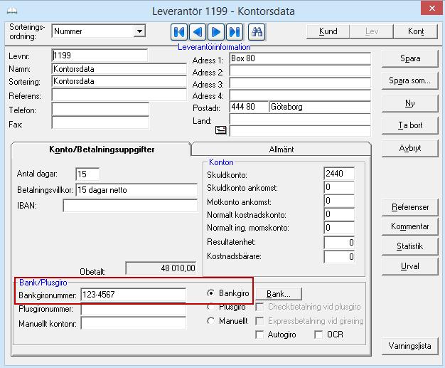 Skapa betalningsfil När du lägger upp dina leverantörer i menyn Register Kontakt Leverantör är det viktigt att du anger rätt bank- eller plusgironummer och markerar rätt betalningssätt.