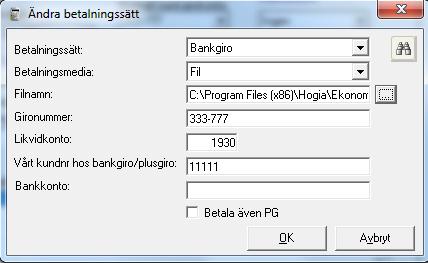 Om du istället väljer betalningssätt Plusgiro, kommer det finnas en kryssruta för Betala även BG vilket innebär att du även kan skicka med de leverantörsfakturor som hör till en leverantör som bara