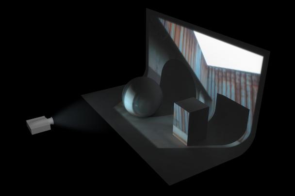 A: En stillbild. B: Enkel geometri i en 3D-rymd. C: En projektor som projicerar stillbilden har placerats framför objekten.
