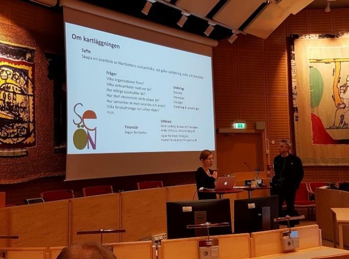 Arrangerade seminarier och workshops Medlemsmötet genomfördes 8 dec i Luleå. Temat var premiärpresentationen för Kartläggning av civila samhället i Norrbotten.