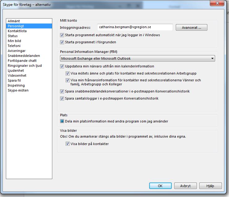 Inställningar i Skype för företag, innan första mötet Nedan beskrivs hur du ställer in så att Skype startar automatiskt när du startar upp datorn. Klicka på Personligt.