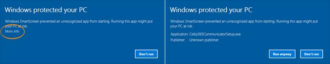 Figur 3: Välj Run anyway Figur 4: Starta om datorn innan Communicatorn kan börja användas Efter att datorn är omstartad starta Cellip 365 Communicator från genvägen som skapats på skrivbordet, den