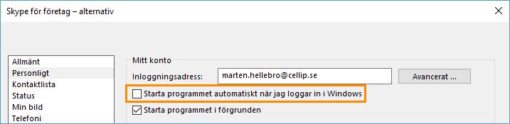 Detta för att det sedan är Communicatorn som ska starta och den i sin tur startar Skype för företag-klienten.