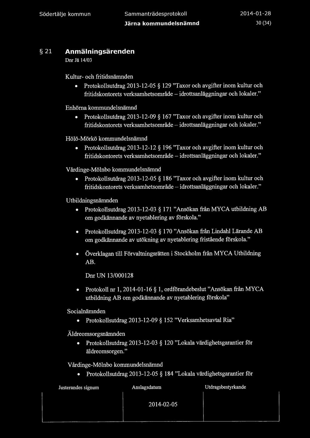 Södertäje kommun Sammanträdesprotoko Järna kommundesnämnd 30 (34) 21 Anmäningsärenden Dnr Jä 14/03 Kutur- och fritidsnämnden Protokosutdrag 2013-12-05 129 "Taxor och avgifter inom kutur och