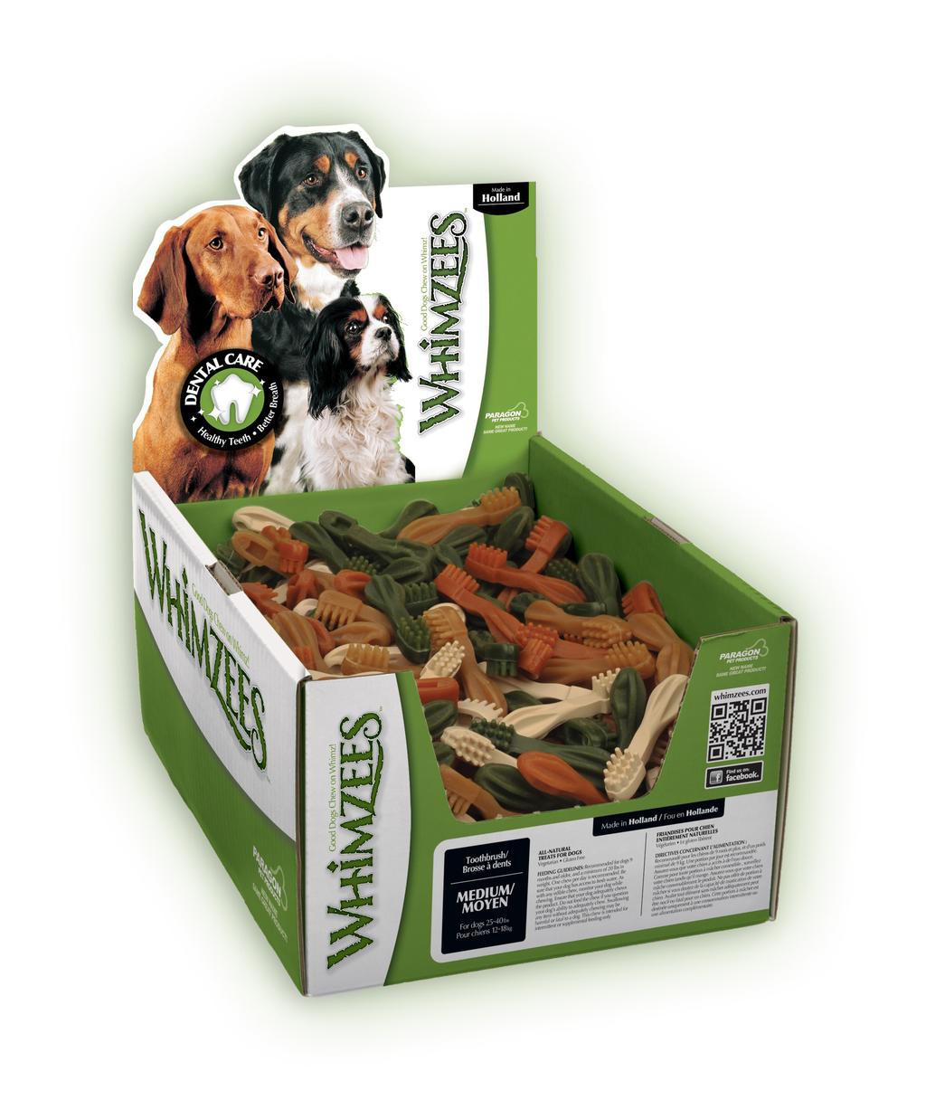evereras som bulk i bordsdisplay eller i påsar med förslutning. WHIMZEES tuggben i display Art.nr Beskrivning Strl. hund Strl. Färg 380800 Tandborste, XS, display m/350 st. 2-7 kg : 6,4 cm Ass.