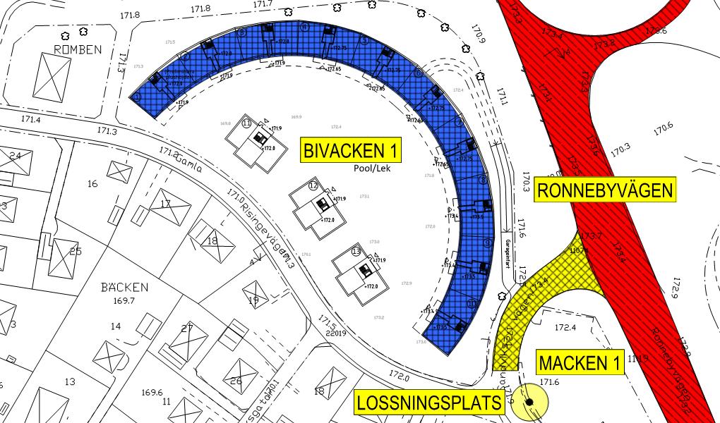 2.1 RISKKÄLLOR Bivacken 1 är beläget i östra Växjö invid Ronnebyvägen (Väg 27/29) vilken utgör primär transportled för farligt gods. Området kring Bivacken 1 kännetecknas främst av friliggande villor.