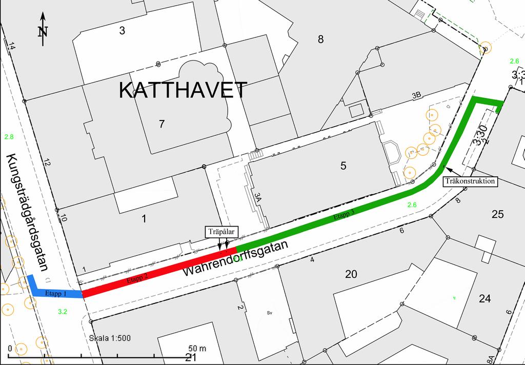 6 Utförande och metod Den arkeologiska schaktövervakningen har utförts av Emmy Kauppinen. Wahrendorffsgatan ligger på +3 m.ö.h. i väst, utanför Katthavet 1, Wahrendorffsgatan 1, och +2,4 m.ö.h. i öst, strax utanför Näckström 19.