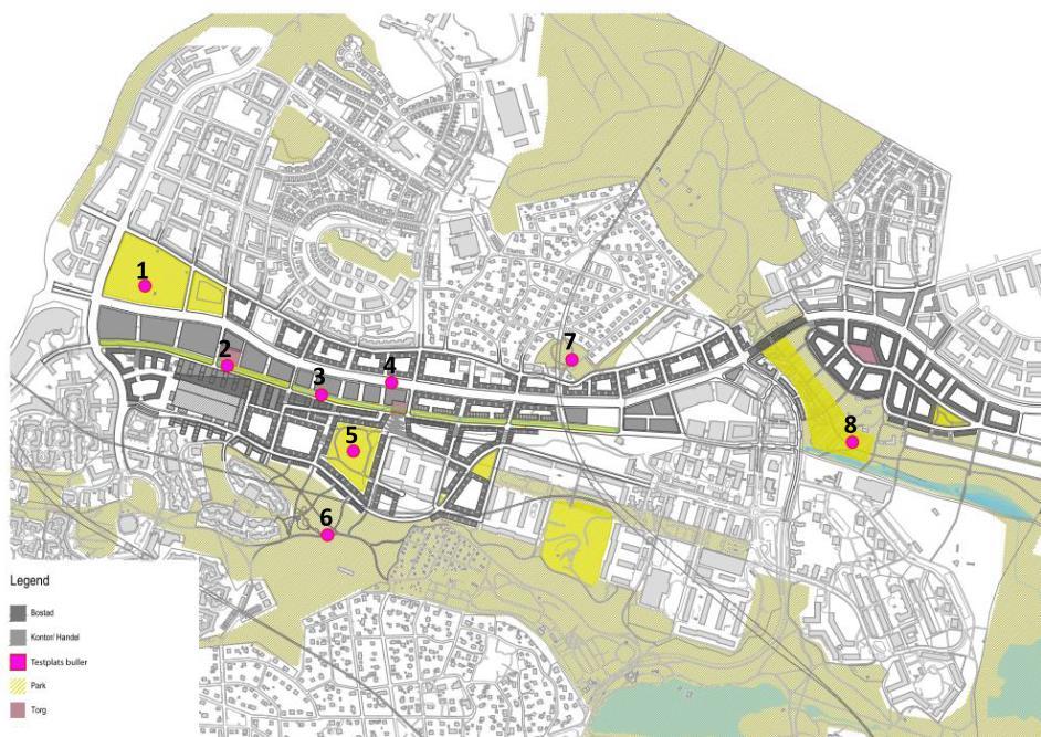 5.2 Strategiska punkter Figur 4: Strategisk punkter Punkt 1 Kvarnparken kommer efterutbyggnad att vara delvis skärmad mot trafikbuller från Väg 279/E18 dock viss exponering mot Enköpingsvägen och