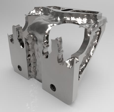 Figur 3.7 visar en renderad bild från Keyshot av topologi optimeringen och bilden gör det enklare att se förändringen som optimeringen gjort. Figur 3.