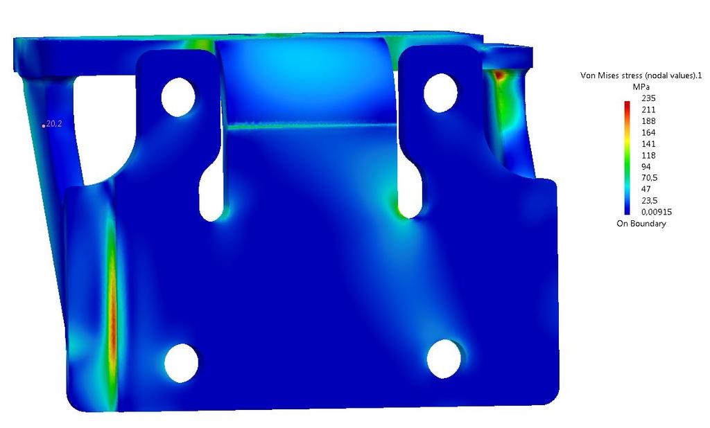 Enligt resultatet blev det ingen plastisk deformation i motorfästet då spänningen var under materialets sträckgräns.