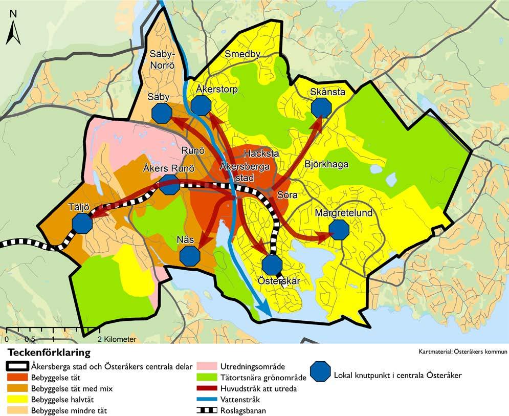Översiktsplan 2040 A-B. Österåkers centrala delar Kartan visar den föreslagna bebyggelseutvecklingen i Åkersberga stad, huvudstråken och i lokala knutpunkter.