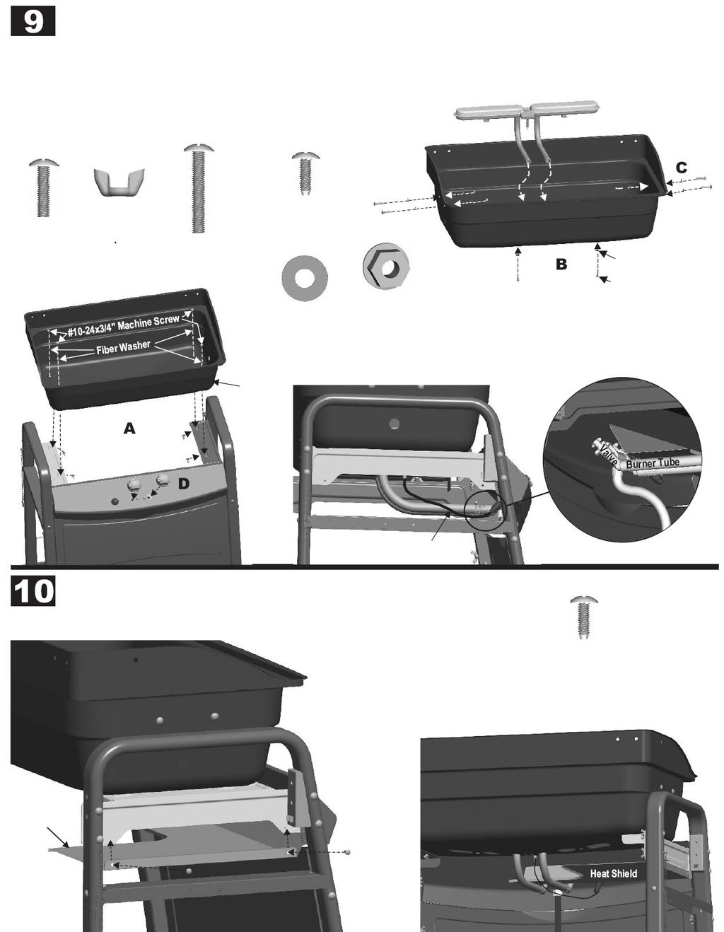 A: Montera fast grillskålen (A) på sidostagen. Använd 4st kortare skruvar, 4st fiberbrickor och 4st vingmuttrar. B: Placera bränaren (F) i grillskålen.