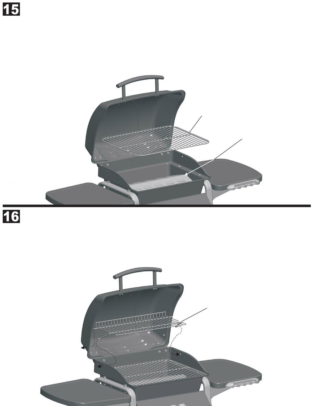 5.: Montering Placera flametamern (U) i grillskålen och över denna placerar du grillgallret (V) Grillgaller (V) Flametamer (U)