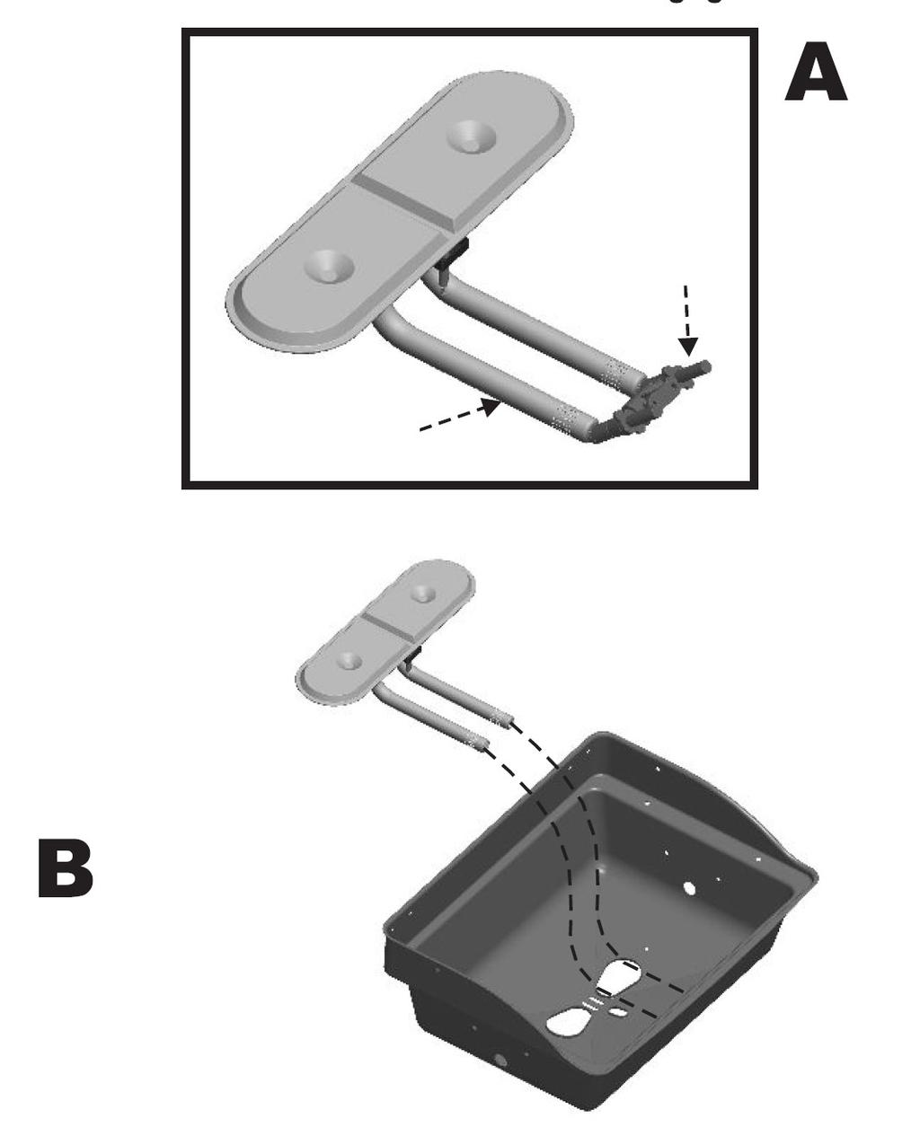 Kontrollera (särskillt då grillen inte använts under en peridod) att inga insekter etc. har täppt till brännaren rör. A: Skruva loss brännaren (2st skruvar under grillskålen) B: Lyft upp brännaren.