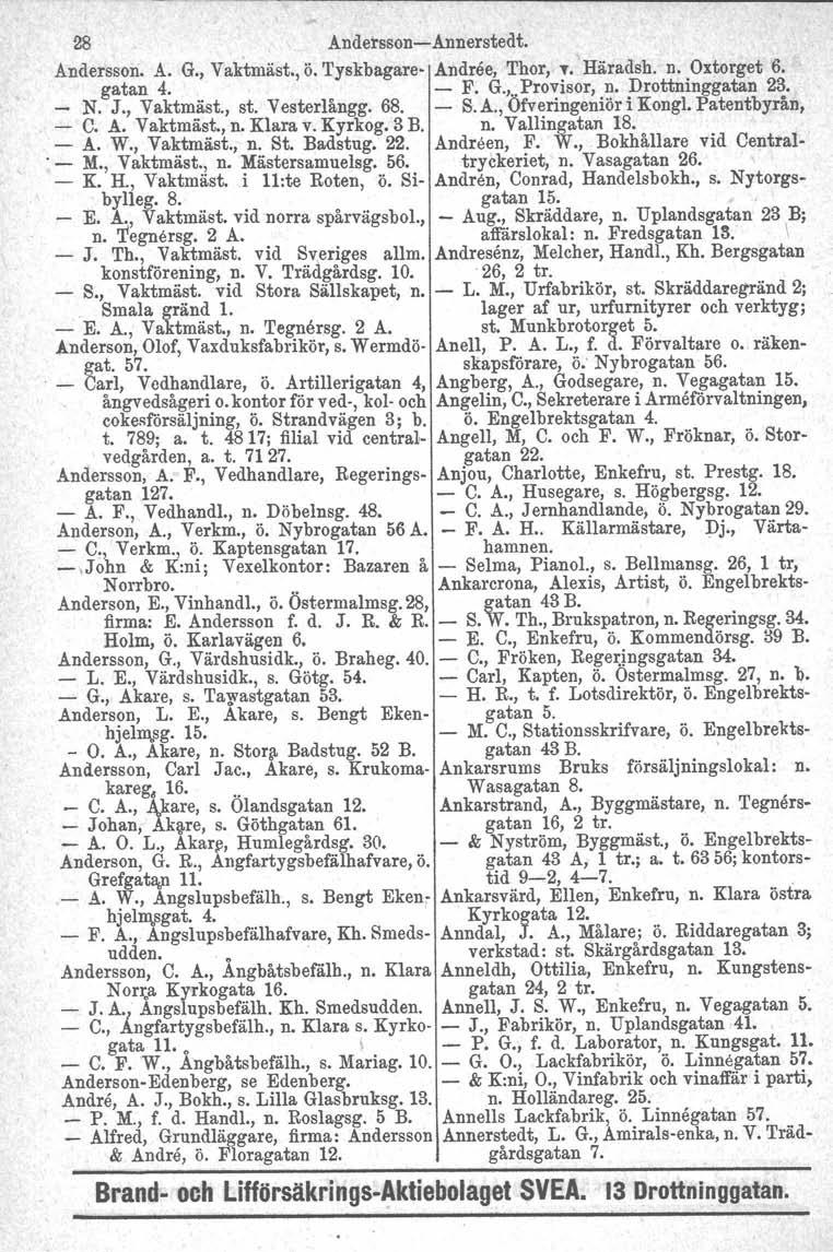 28 Andersson-Annerstedt. Andersson. A. G., Vaktmäst., ö. Tyskbagare Andree, Thor, T. Häradsh. n. Oxtorget 6. gatan 4. - F. G.,..Provisor, n. Drottninggatan 23. - N. J., Vaktmäst., st. Vesterlångg. 68.