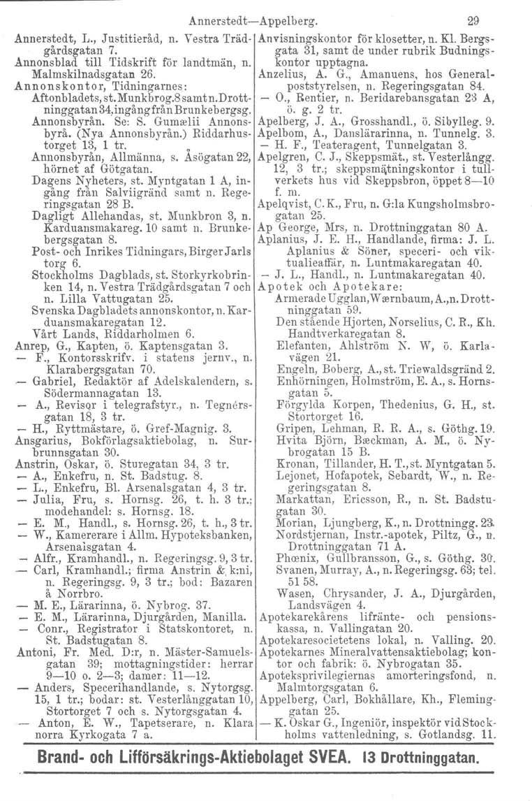 Annerstedt-Appelberg. 29 Annerstedt, L., Justitieråd, n. Vestrå Träd- Anvisningskontor för klosetter, n. Kl. Bergsgårdsgatan 7.