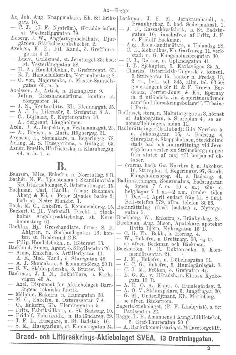 Ax-Bagge. Ax, Joh. Aug. Knappmakare, gata 10. - C. J., (J. F. Nyström), Skrådderiaffär, st. WesterlåJlggatan 79. Axberg, J. W., Angfartygsbefälhafv., Djurgården, Stärkelsebruksbacken 2. Axelson, K. E.