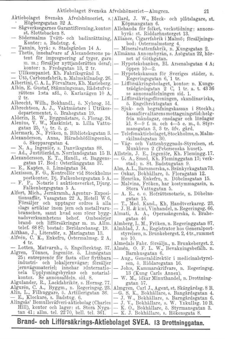 Aktiebolaget Svenska Afvelshönseriet-Almgren. 21 Aktiebolaget Svenska Afvelshönseriet, s. Allard, J. W., Bleck- och plåtslagare, st. Högbergsgatan 32 A. Köpmangatan 6.