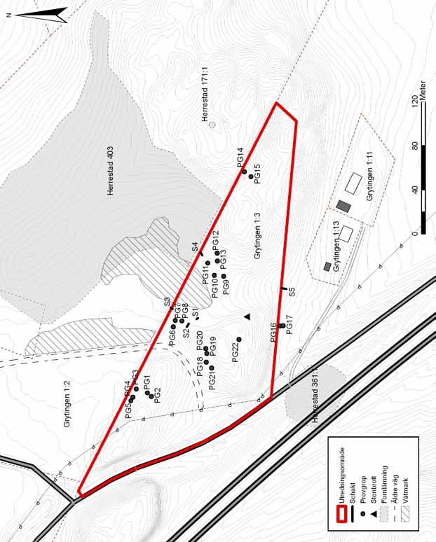Bilaga 2. Karta visande utredningsområdet, grävda schakt provgropar, stenbrottet och äldre vägsträckning.