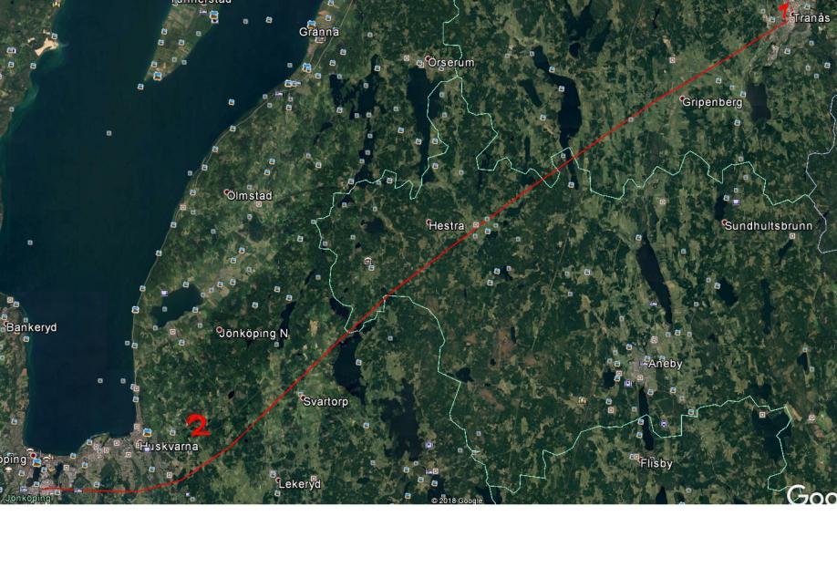 4.5.7 Tranås-Jönköping Sträckan mellan Tranås och Jönköping är 58 km lång. Kurvan i punkten 1 är 730 meter och är den näst minsta kurvan på hela sträckan.