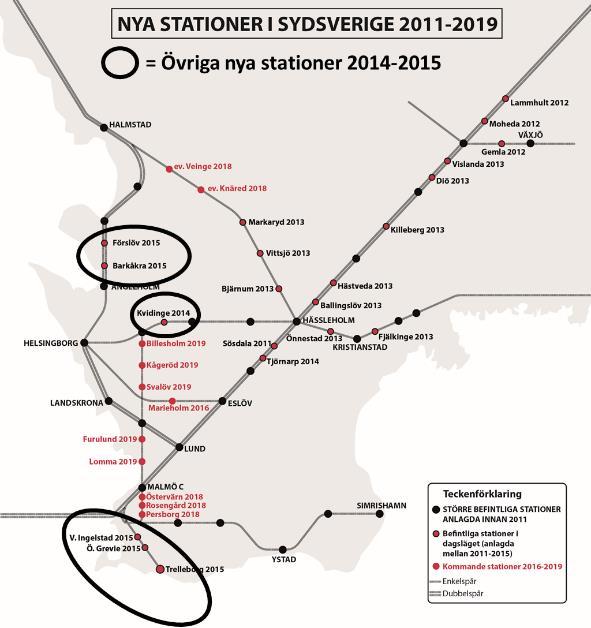 7 2.3 Övriga nya stationer 2014-2015 (6 st) Sommaren 2014 öppnades Kvidinge på Skånebanan med befintliga tåg som fått nya uppehåll.