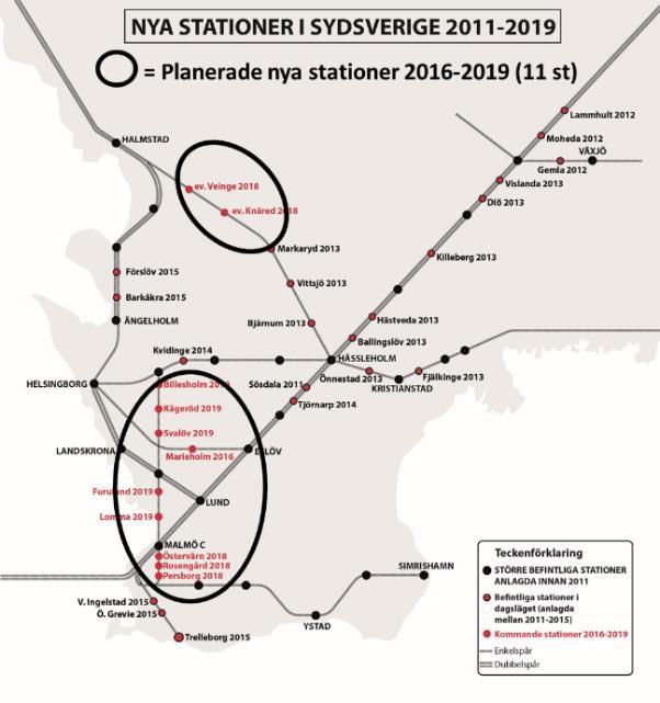 8 2.4 Planerade nya stationer 2016-2019 (11 st) Under 2016-2019 planeras ytterligare 11 stationer i södra Sverige.