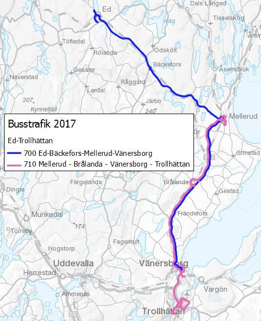 14 Reducering av busstrafik Den busstrafik som berörs av utredningsalternativet är linjerna 700 Ed-Bäckefors-Vänersborg 13 och 710 Mellerud-Brålanda-Trollhättan 14.
