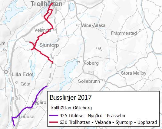 20 Reducering av busstrafik Den busstrafik som berörs av utredningsalternativen: Linje 630 Upphärad-Sjuntorp-Velanda-Trollhättan 17. Linje 425 Prässebo-Nygård-Lödöse 18.