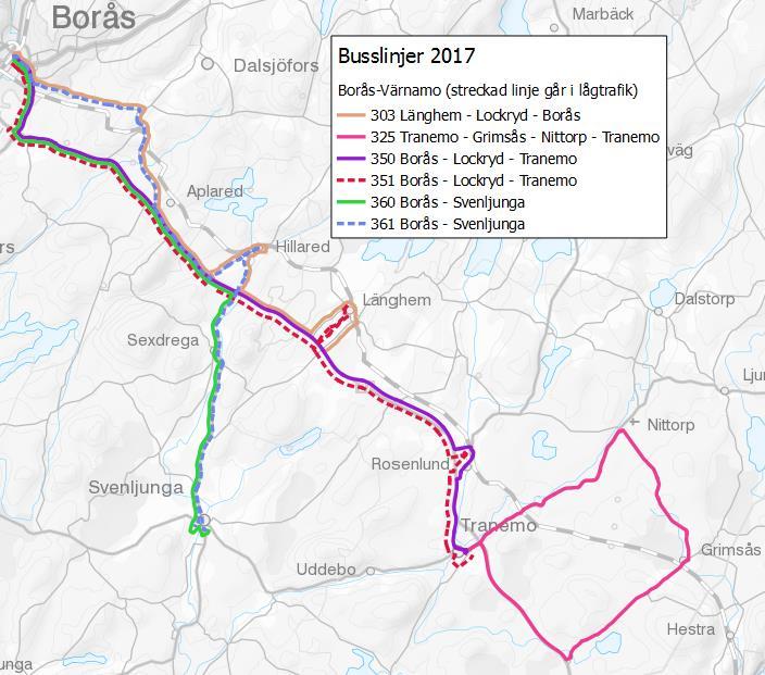26 Figur 3-9 Nuvarande busslinjer som behandlats i stråket Värnamo-Borås. Färgerna särskiljer endast linjerna åt och har ingen övrig betydelse för potentialen att reducera.