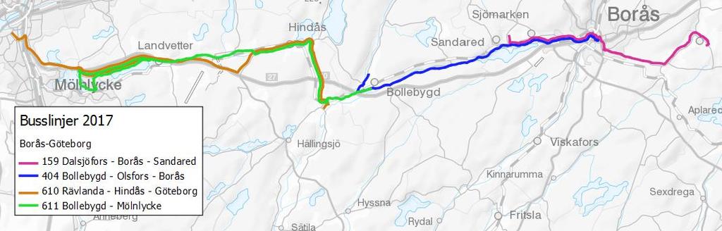 32 Figur 3-12 Nuvarande busslinjer som behandlats i stråket Borås-Göteborg. Färgerna särskiljer endast linjerna åt och har ingen övrig betydelse för potentialen att reducera.