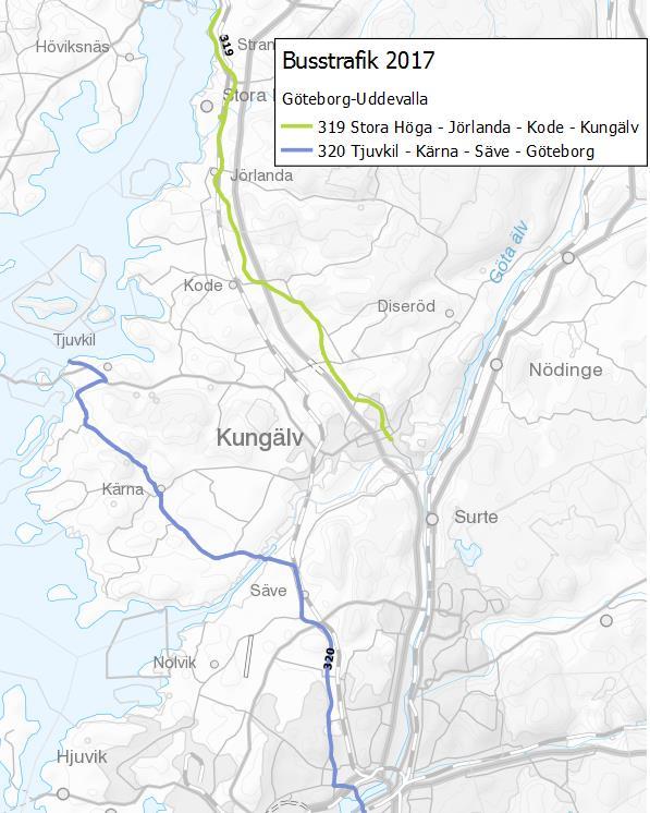 44 Reducering av busstrafik I stråket Göteborg-Uddevalla reduceras linje 319 som trafikerar Jörlanda med 12 dubbelturer M-F.