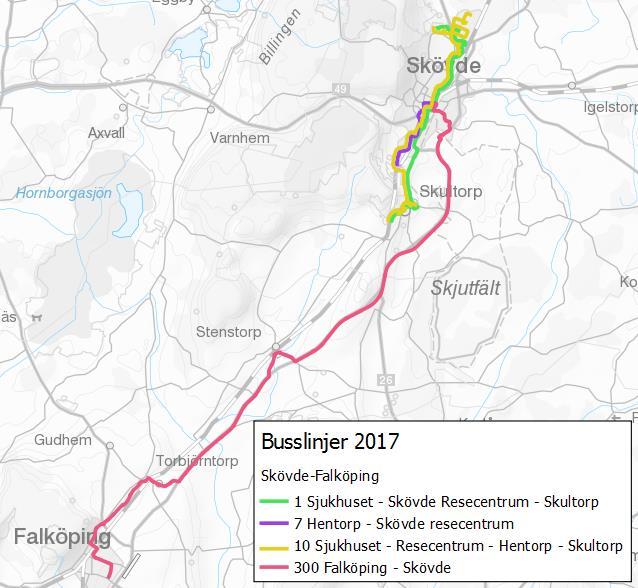 Figur 3-27 Nuvarande busslinjer som behandlats i stråket Skövde-Falköping.