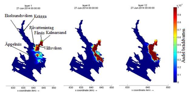 Figur 11. Utbredning av föroreningsplym för scenario 1. Utbredningen följer östra kanten av Norra Björkfjärden i samtliga lager med begränsad spridning till resterande delar av fjärden.