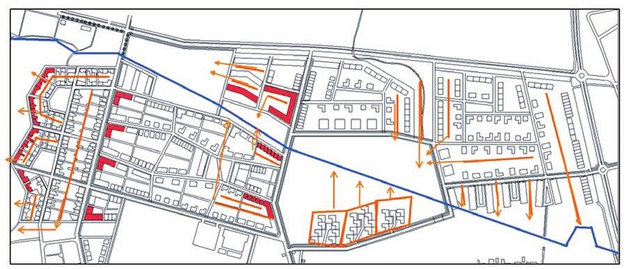 Figur 6. Sammanställning av resultat från detaljstudie av minlösning. Byggnader ifyllda med rött visar de byggnader som har visat sig vara särskilt översvämningsutsatta vid modelleringen.