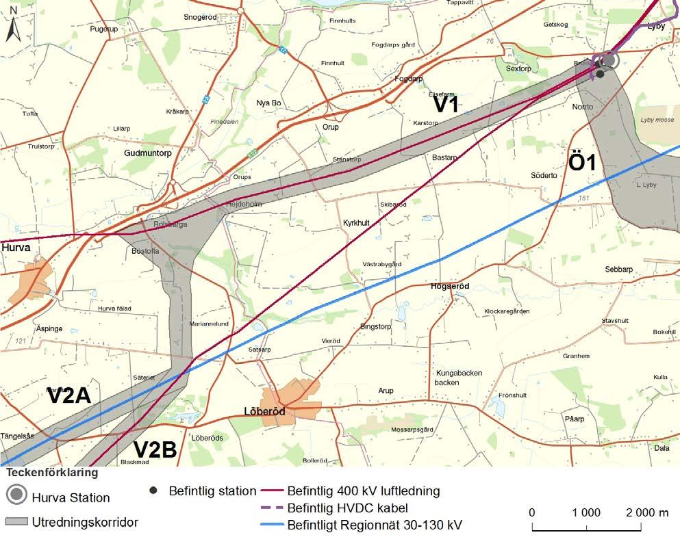 20 HANSA POWERBRIDGE 4.4.1 Utredningskorridor Väst Hurva station Löberöd, V1 sträcker sig på södra sidan om Södra Sandby innan anslutning görs till det norra alternativet strax öster om Hardeberga.
