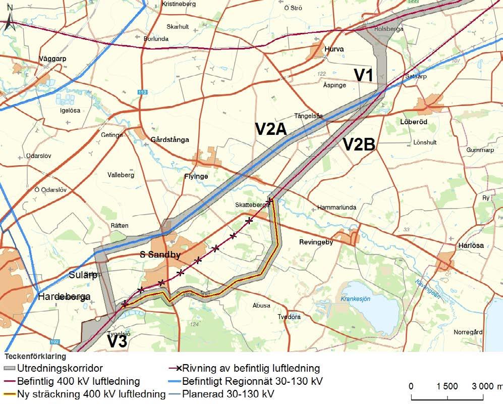 Hardeberga - Trelleborg, V3 Utredningskorridoren fortsätter i sydvästlig riktning längs med befintliga stam- och regionnätsledningar och sträcker sig norr om Staffanstorp.