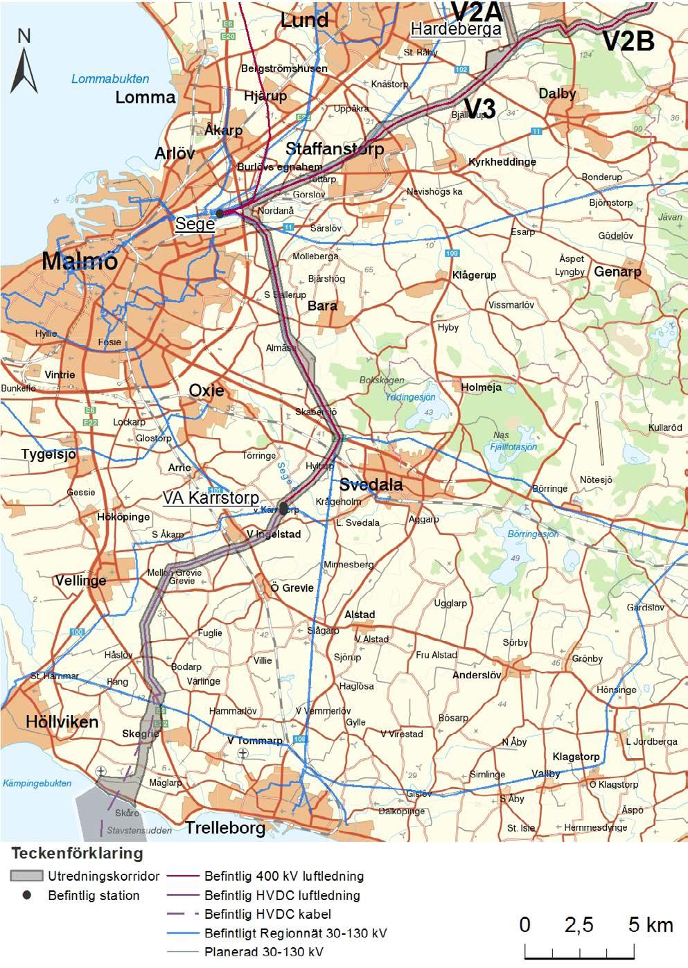 Utredningskorridoren passerar nordöstra Malmö vid Sege och fortsätter härefter på östra sidan om Malmö längs med en befintlig ledningsgata i riktning söderut mot Svedala.