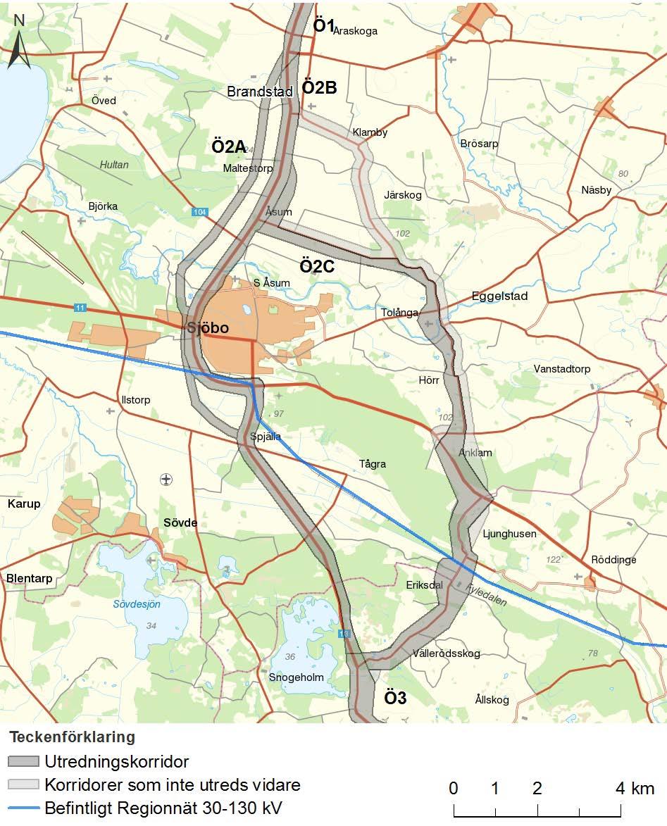 Den norra deletappen följer befintliga vägar medan den södra kräver ny ledningsgata i jordbruksmarken, se Figur 4.21.