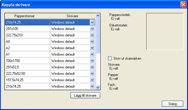 . Välj Koppla skrivare under toppmenyn Arkiv.. En lista med pappersformat visas. Bredvid varje pappersformat finns en dropplista, är skrivare redan tillagda finns de att välja i dropplistan, om inte.