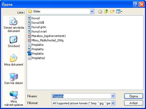 Klicka på Öppna så hamnar den nya bilden i din bildmapp. Bildtyper som Mediablob/Shoppa stöder: Enhanced Metafile(*.emf) Graphics Interchange Format (*.gif) JPEG File Interchange Format (*.jpg; *.