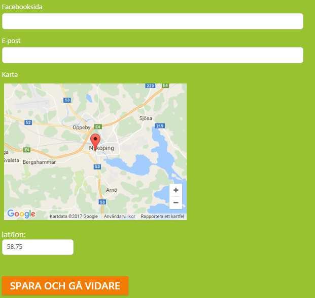 Facebooksida, e-post och karta Om du vill kan du ange en länk till en Facebooksida samt en e-post som är kopplat till evenemanget.