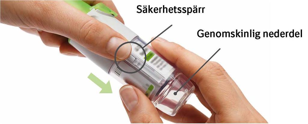 När dosräknaren har nått slutet av den röda skalan låser sig din Spiolto Respimat automatiskt inga fler puffar kan komma ut. Den genomskinliga nederdelen kan då inte vridas ytterligare.