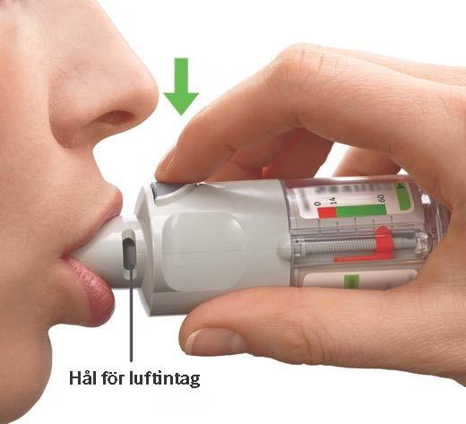 Rikta inhalatorn mot bakre delen av svalget.