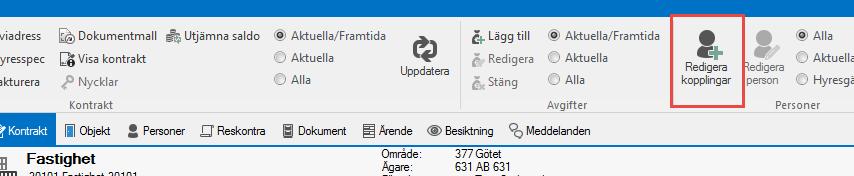 Upp till höger i kontraktsbilden finns ikon för att redigera kopplingar på kontraktet. Under redigera kopplingar kan man komplettera med ytterligare personer till ett kontrakt.
